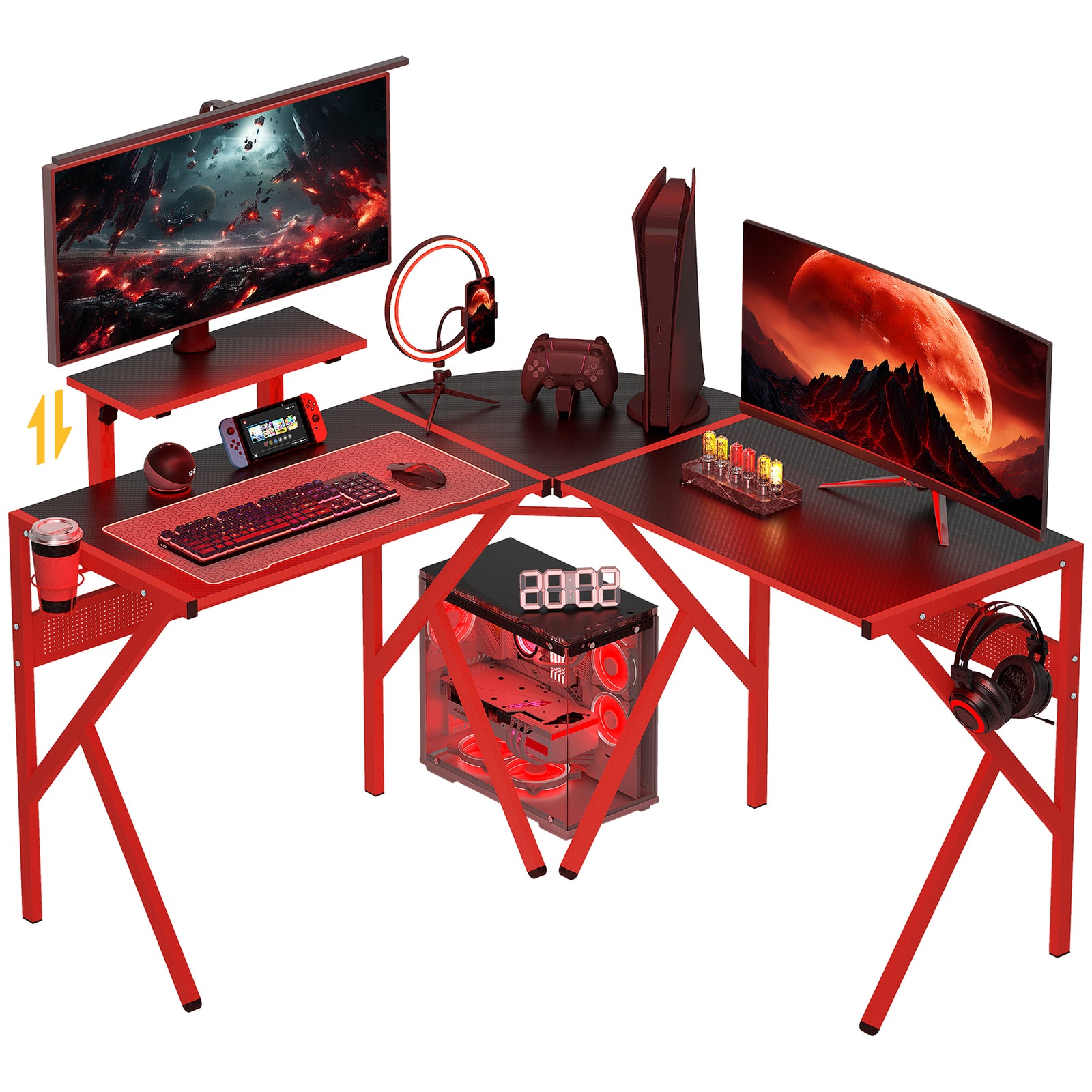 Gaming Desk L-Shaped Corner Computer Table for Home Office PC Workstations with Adjustable Monitor Stand Cup Holder Headphone Hook 125x125x75cm, Red