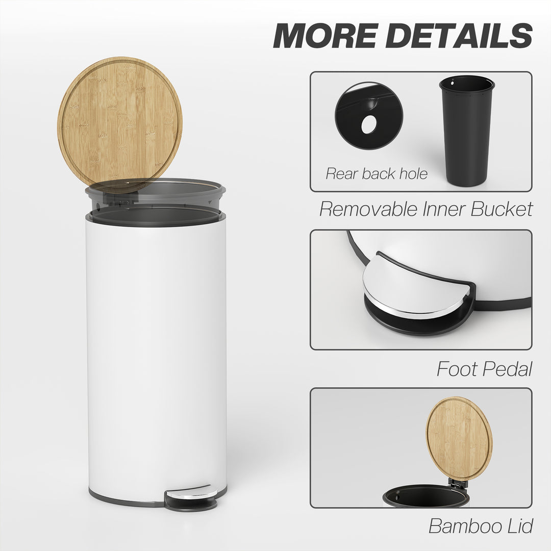 Kitchen Bin, 30 Litre Pedal Rubbish Bin with Removable Bucket, White a