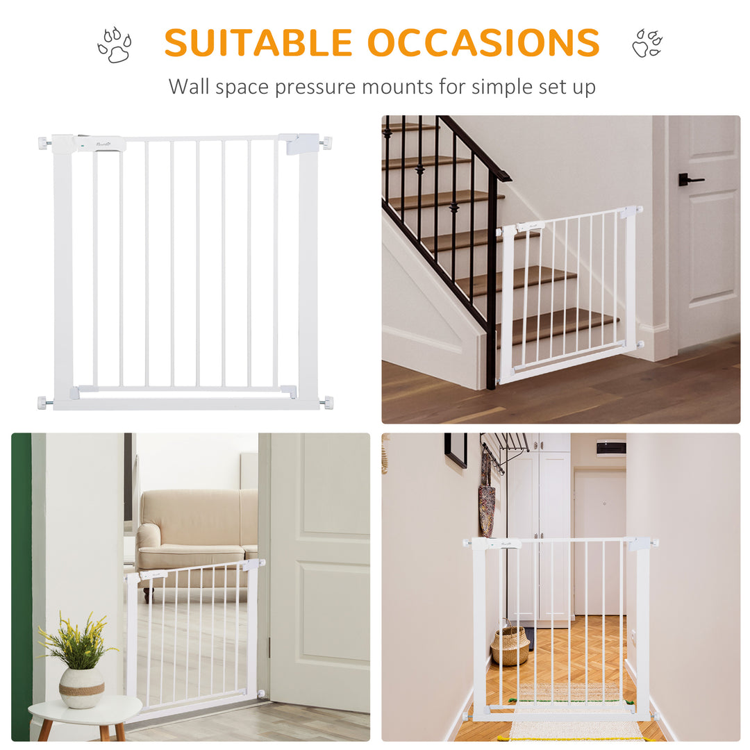 PawHut Adjustable Safety Pet Gate, Dog Barrier, Home Fence, Room Divider, Stair Guard, Easy Mount, White, 76H x 75-82W cm | Aosom UK