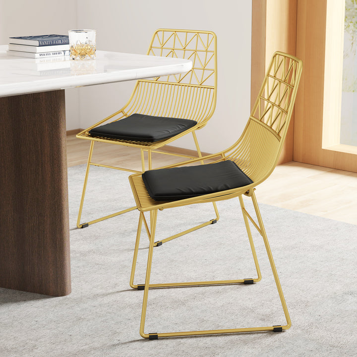 Luxurious Dining Chairs Set of 4, Metal Wire Kitchen Chair with Removable Velvet-feel Cushion, Cut-out Back and Steel Frame for Dining Room, Gold Tone