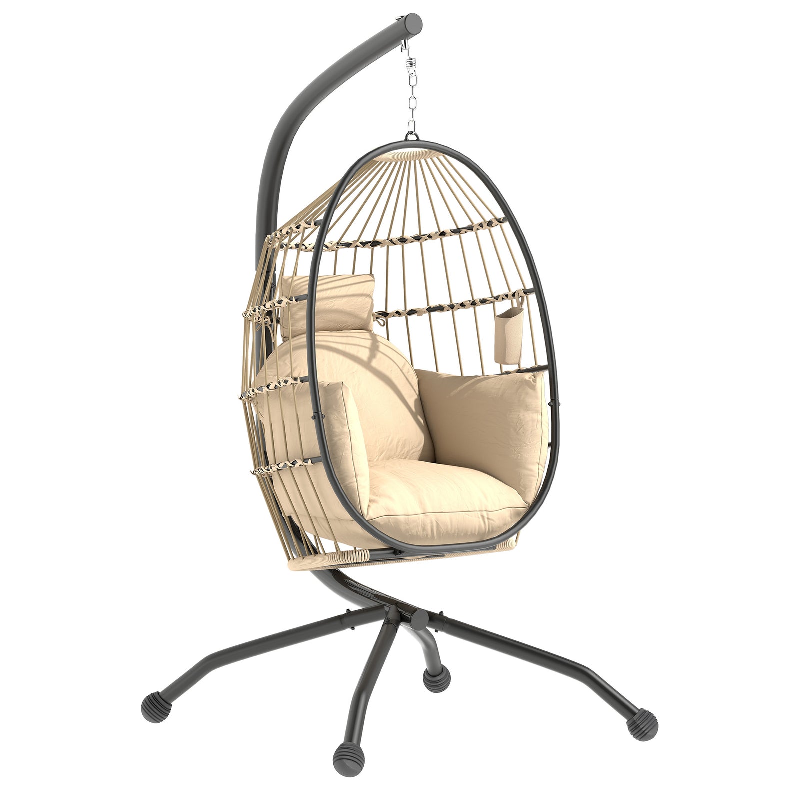 Hanging Egg Chair Outdoor Indoor Garden Swing Chair with Folding Basket and Thickened Cushion, Garden Hanging Chair with Stand, Headrest, Cup Holder for Patio, Balcony, Khaki