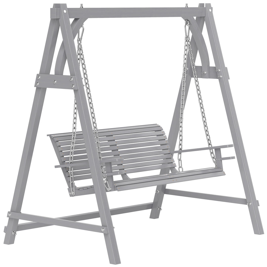 2 Seater Garden Swing Seat, Wooden Swing Chair Bench with Cup Holders for Outdoor Porch Patio, Grey