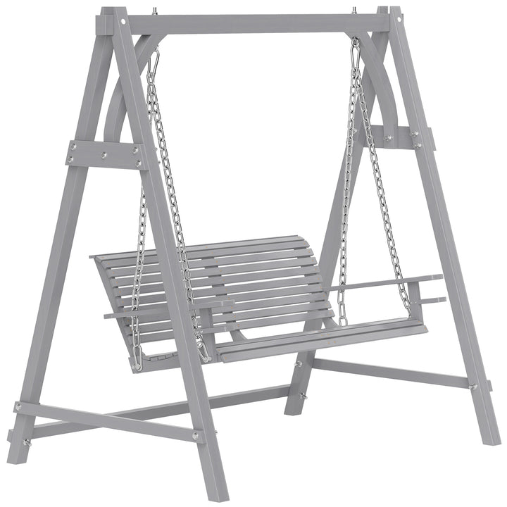 2 Seater Garden Swing Seat, Wooden Swing Chair Bench with Cup Holders for Outdoor Porch Patio, Grey