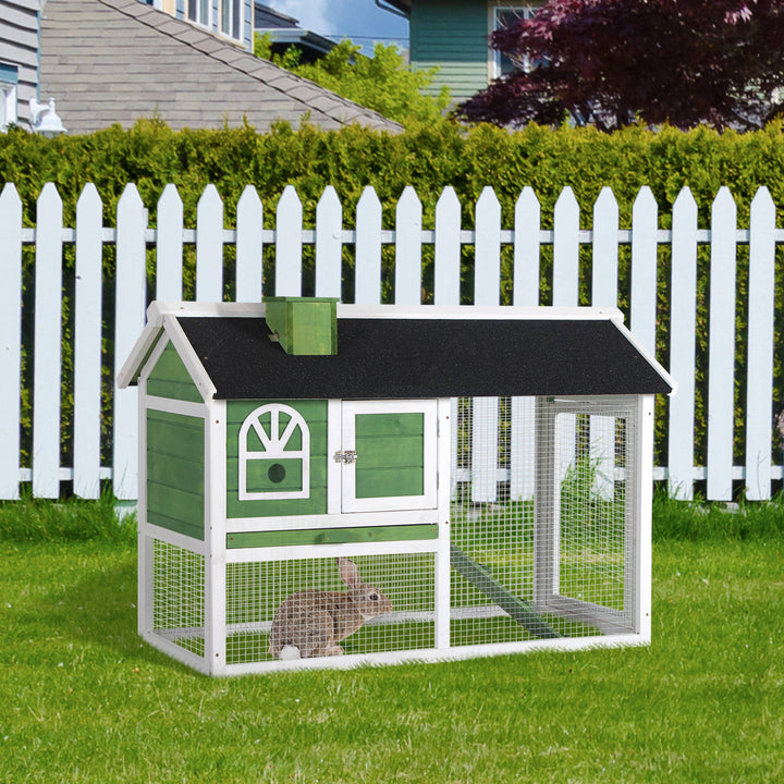 MCL Wooden Rabbit Hutch and Run with Sliding Tray, Ramp, Water-resistant Roof, for 2-4 Rabbits, Green