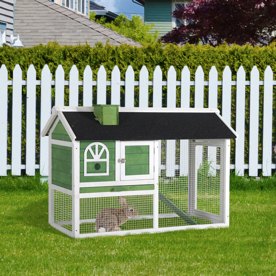 Wooden Rabbit Hutch and Run with Sliding Tray, Ramp, Water-resistant Roof, for 2-4 Rabbits, Green