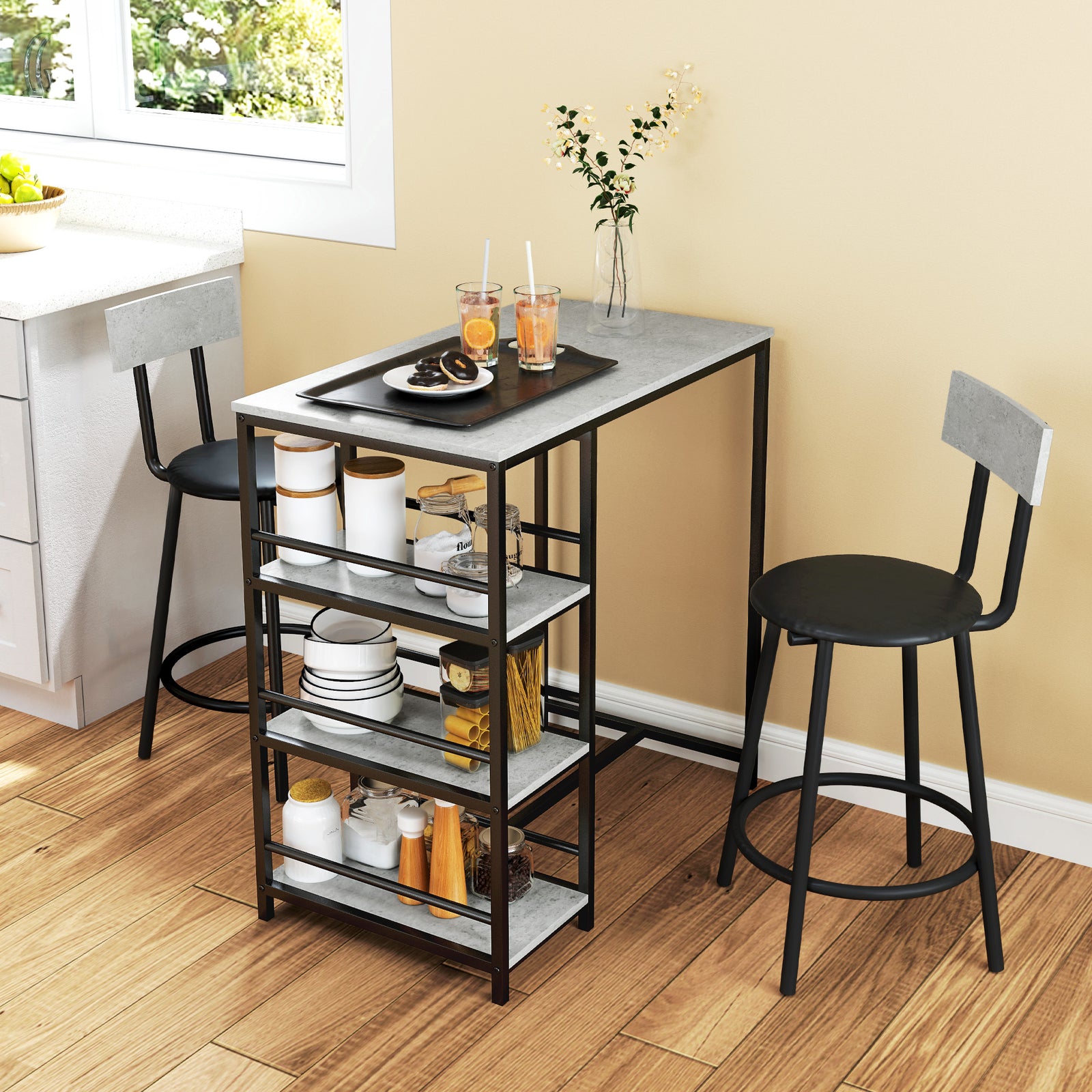 Three-Piece Kitchen Dining Set, with Shelves - Grey/Black