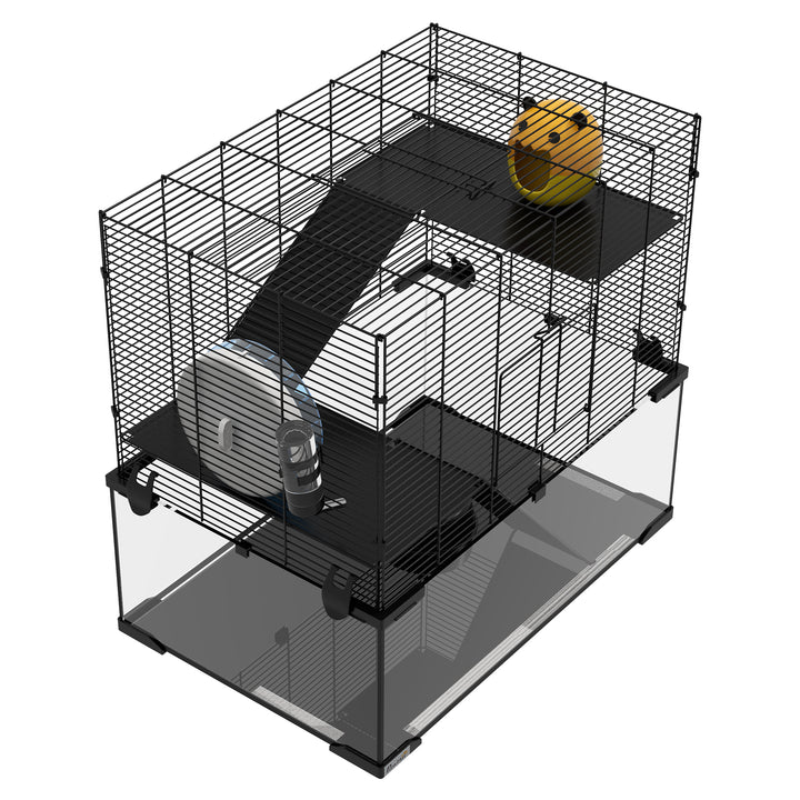 3 Tiers Hamster Cage, Gerbil Cage with Deep Glass Bottom, Non-Slip Ramps, Platforms, Hut, Exercise Wheels, Water Bottle, Dish, for Syrian Hamster, Dwarf Hamster, 60 x 40 x 54.5cm