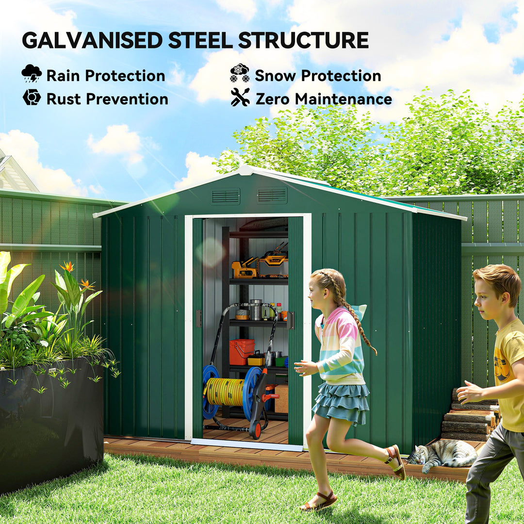 MCL 7.7 x 5.7ft Metal Garden Shed with Ventilation Slots and Sliding Doors, Galvanised Outdoor Tool Storage House, Green