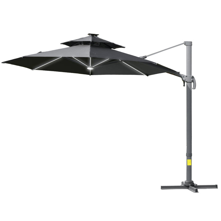 Outsunny 3m Cantilever Parasol w/ Solar Lights Power Bank Cross Base Adjustable Canopy 360° Spin Garden Umbrella 2-Tier Roof Sun Shade Grey | Aosom UK