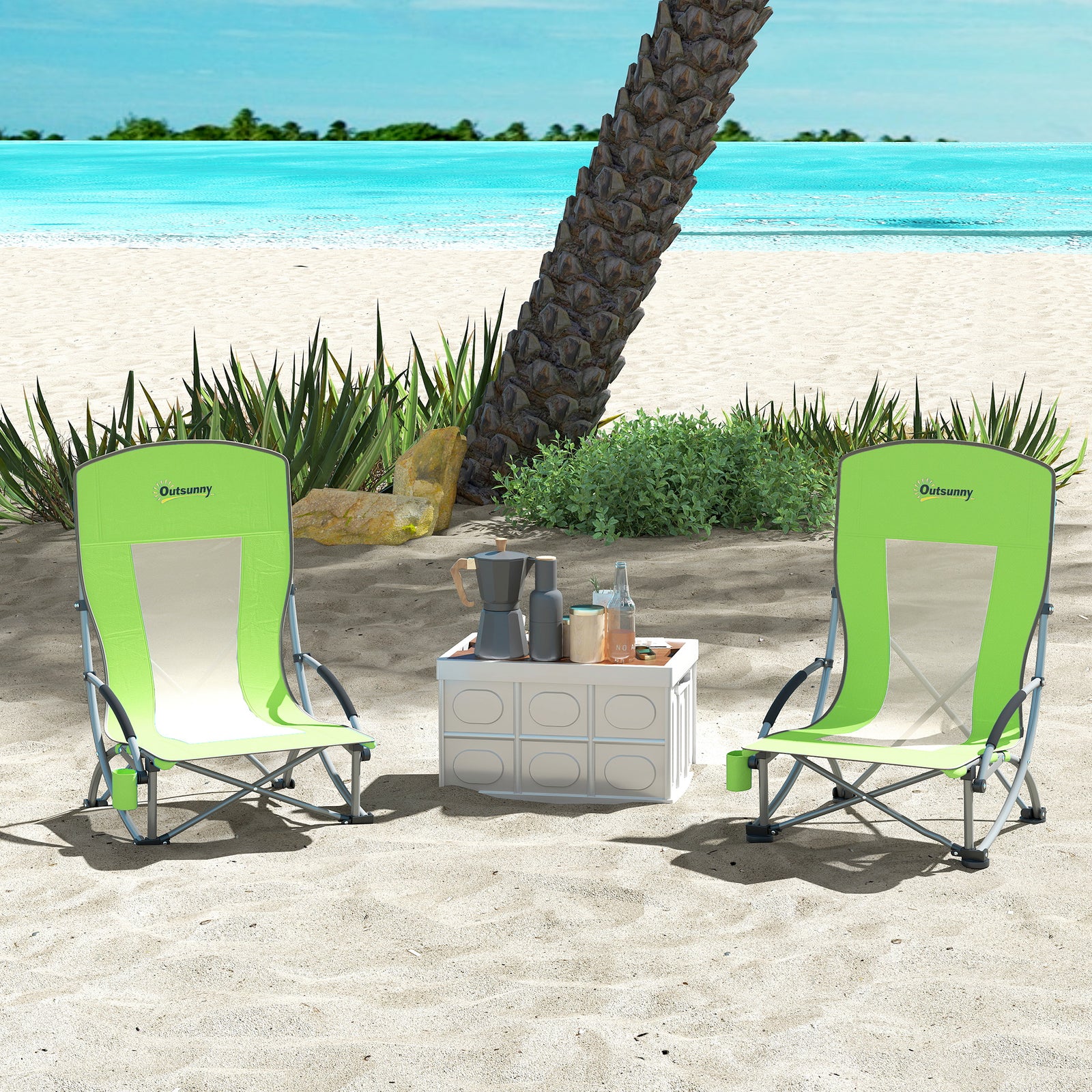 Set of 2 Folding Beach Chair, Low Camping Chair with Mesh Back, Carry Bag and Cup Holder for Garden Outdoor Picnic Festival Travel, Green
