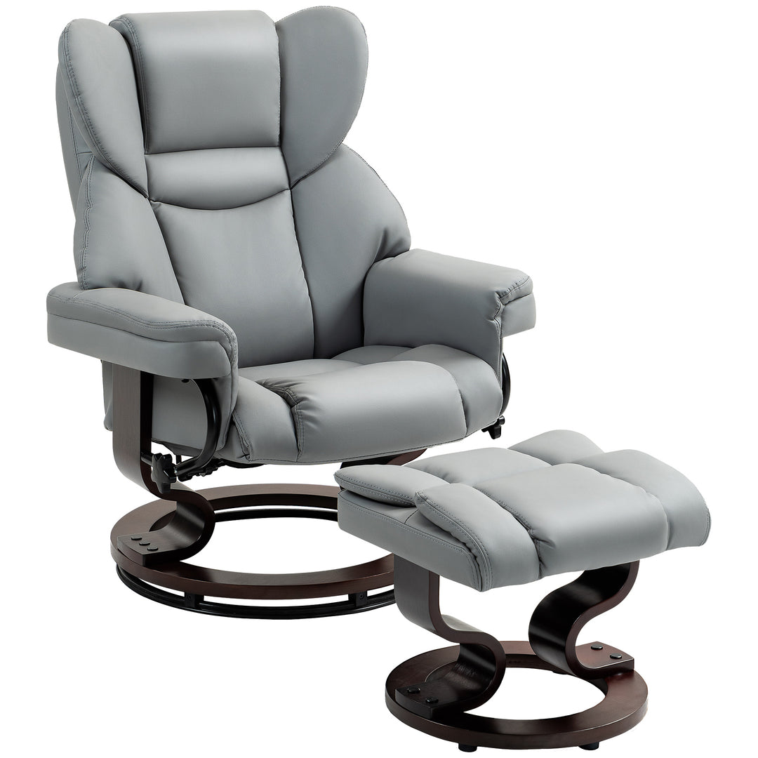 360° Swivel Recliner Chair with Footstool, PU Leather Manual Recliner Armchair with Solid Wood Base, Upholstered Reclining Chair for Living Room, Bedroom, Office, Light Grey