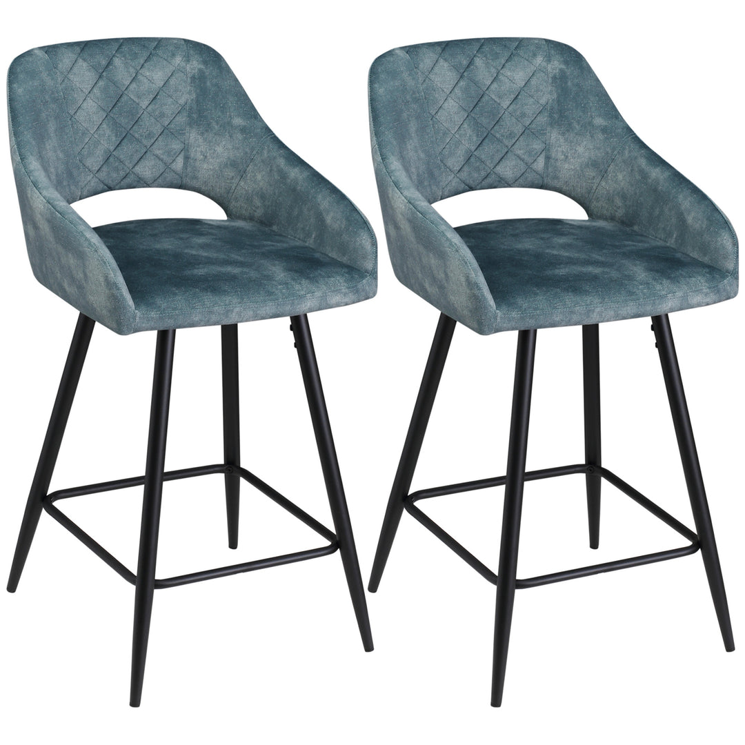 MCL Bar Stools Set of 2, Velvet-Touch Fabric Counter Height Bar Chairs, Kitchen Stools with Steel Legs for Dining Area, Kitchen Island Barstools, Blue