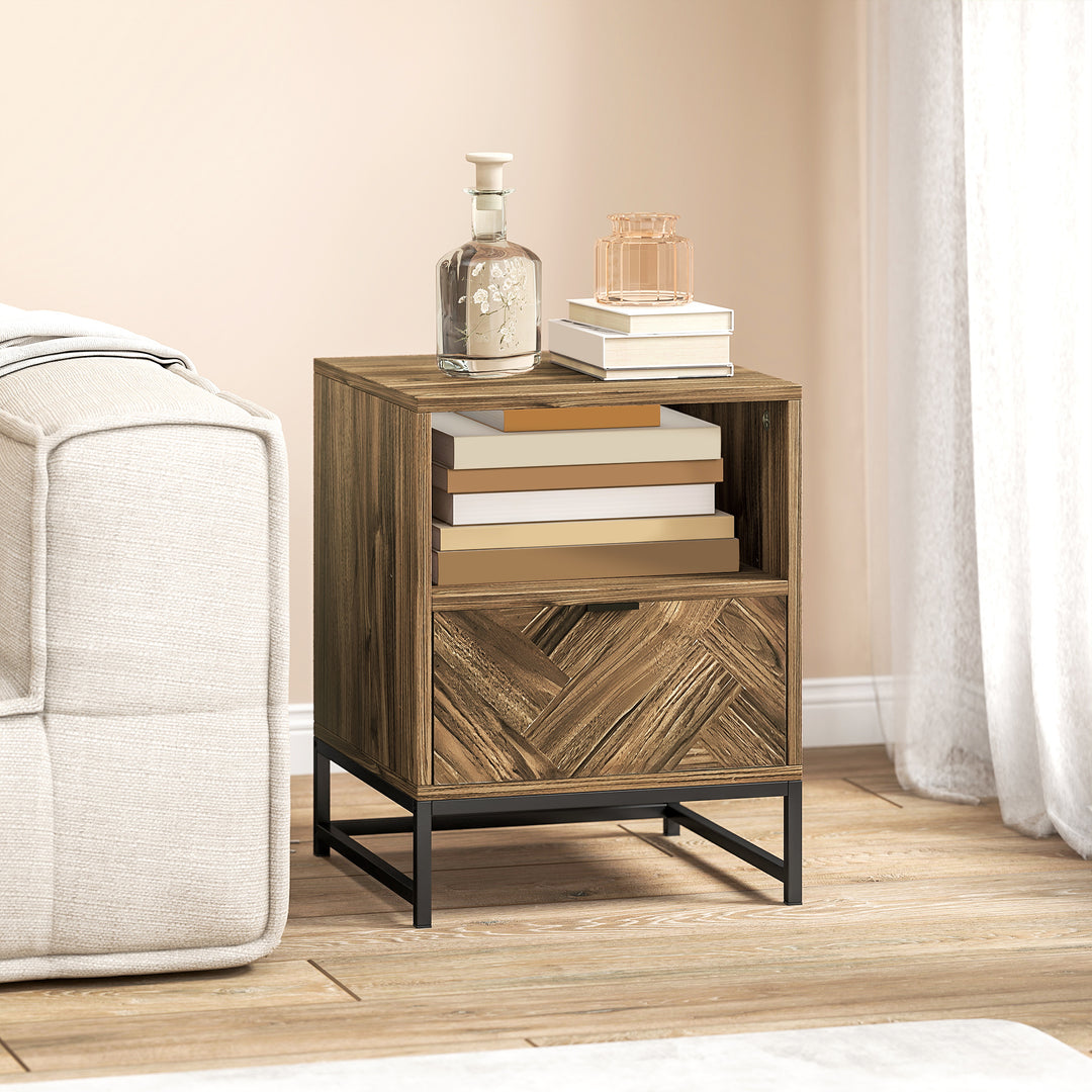 Bedside Table with Drawer and Shelf, Side End Table with Steel Legs for Living Room, Bedroom, Brown Wood Effect