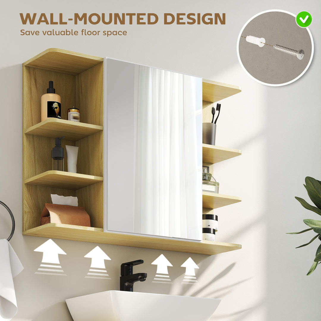 Bathroom Mirror Cabinet with Open Storage Shelves - Natural Wood Finish