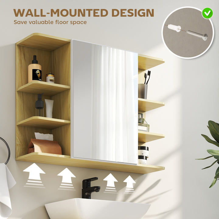Bathroom Mirror Cabinet with Open Storage Shelves - Natural Wood Finish
