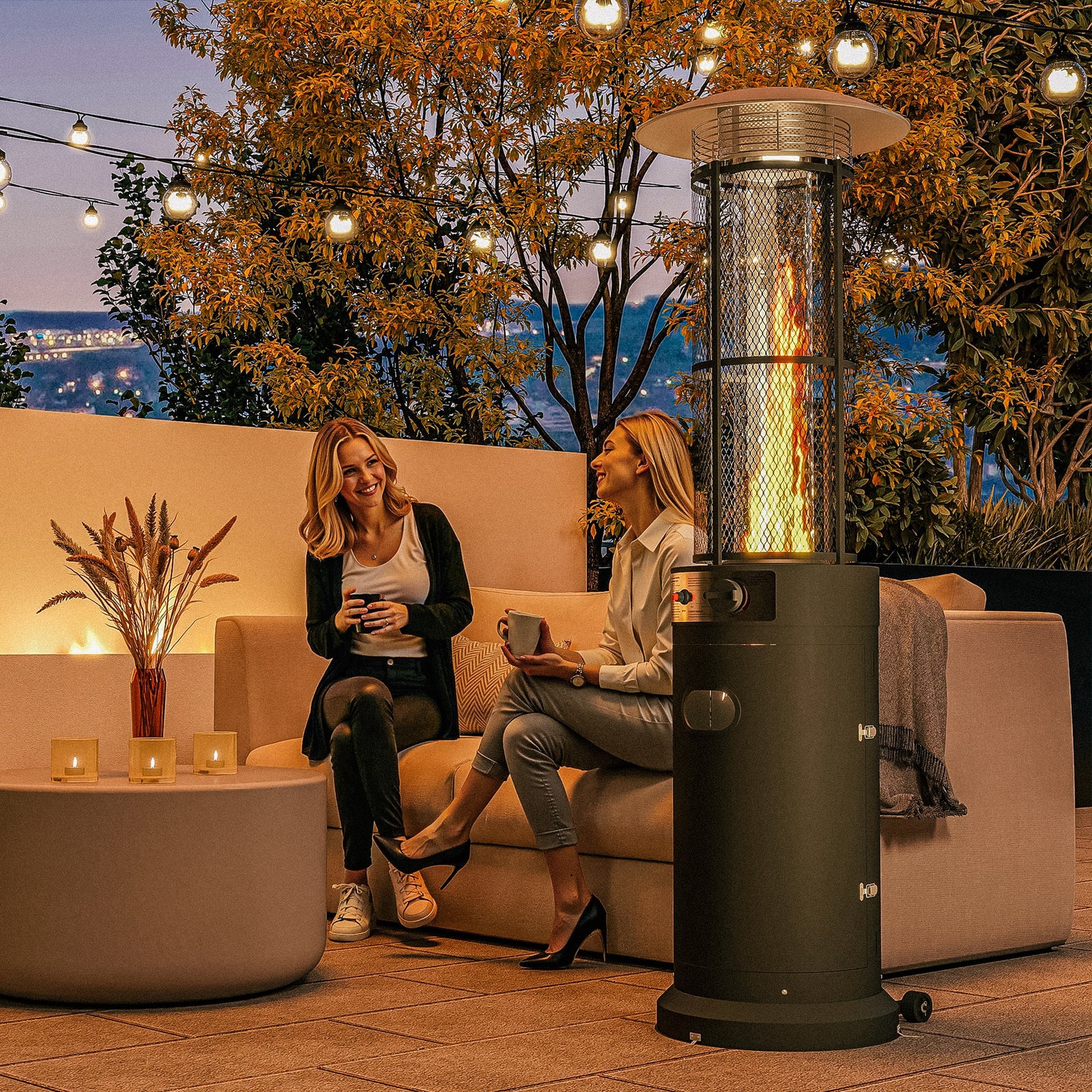 11 KW Freestanding Gas Patio Heater, Adjustable Outdoor Garden Propane Heater with Tip-Over Switch, Wheels, Pulse Ignition, Tank Room with Openable Door, Black
