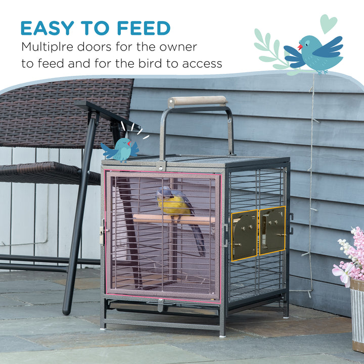 PawHut Metal Bird Cage, Portable Parrot Carrier for Green Cheek, Canary, Parakeet, Cockatiel, with Wooden Perch, Black | Aosom UK