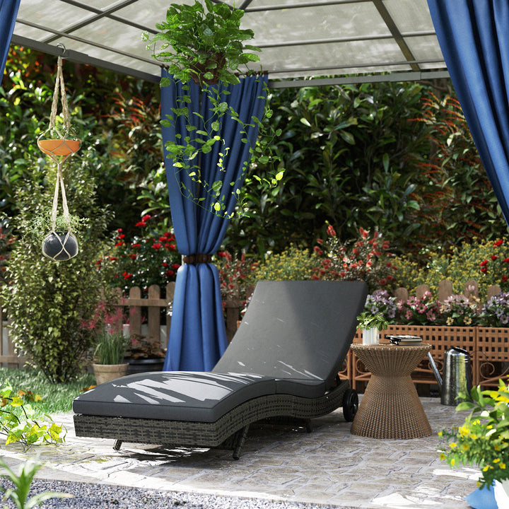 Patio Wicker Chaise Lounge Chair, Outdoor PE Rattan Sun Lounger with Adjustable Backrest and 2 Wheels, Dark Grey