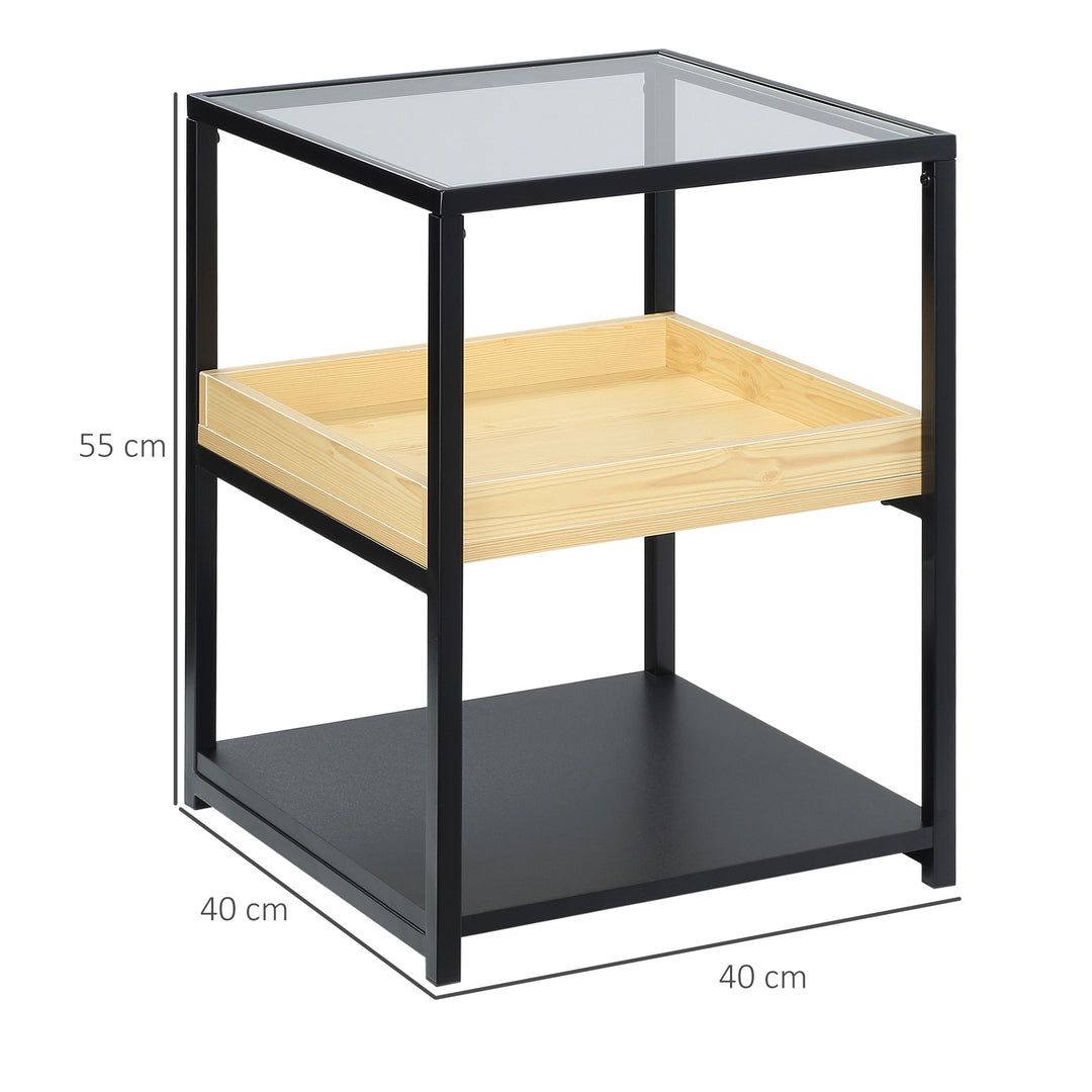 HOMCOM Glass Top Side Table: 3-Tier Nightstand with Storage Shelves, Steel Frame for Bedrooms