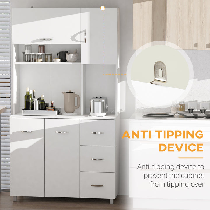 MCL Kitchen Cupboard, 183cm Tall Storage Cabinet with Countertop, Sideboard with 3 Small Drawers, Flip Up Top Door, 3 Cabinet Doors and Open Shelves, 100W x 39.5D x 183.5H cm, White