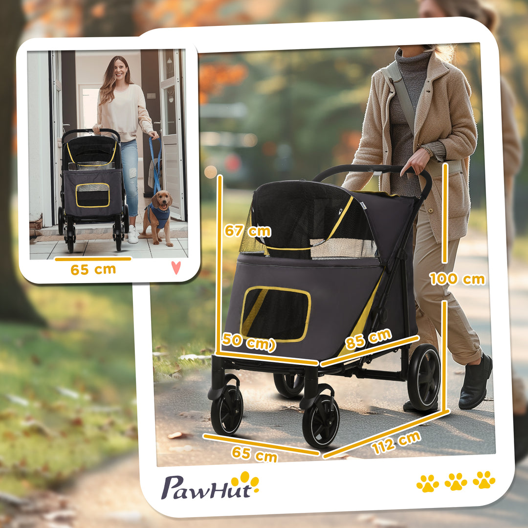 PawHut Pet Stroller w/ Universal Front Wheels, Shock Absorber, One Click Foldable Dog Cat Carriage w/ Brakes, Storage Bags, Mesh Window | Aosom UK