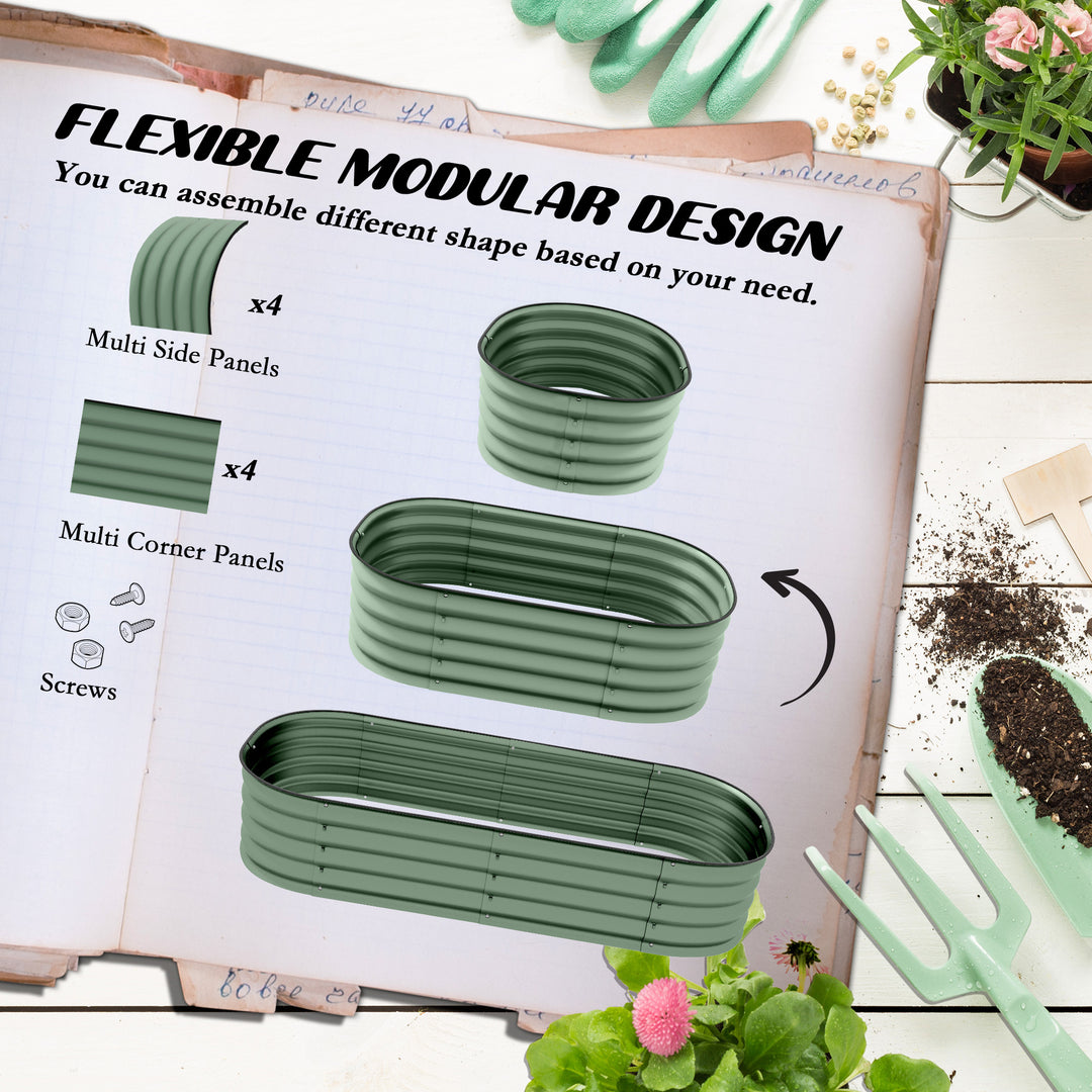 Galvanised Raised Garden Bed, Metal Planter Box with Safety Edging, for Flowers, Herbs, Succulents, Pack of 2, Green
