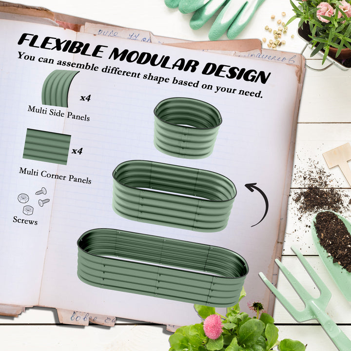 Galvanised Raised Garden Bed, Metal Planter Box with Safety Edging, for Flowers, Herbs, Succulents, Pack of 2, Green