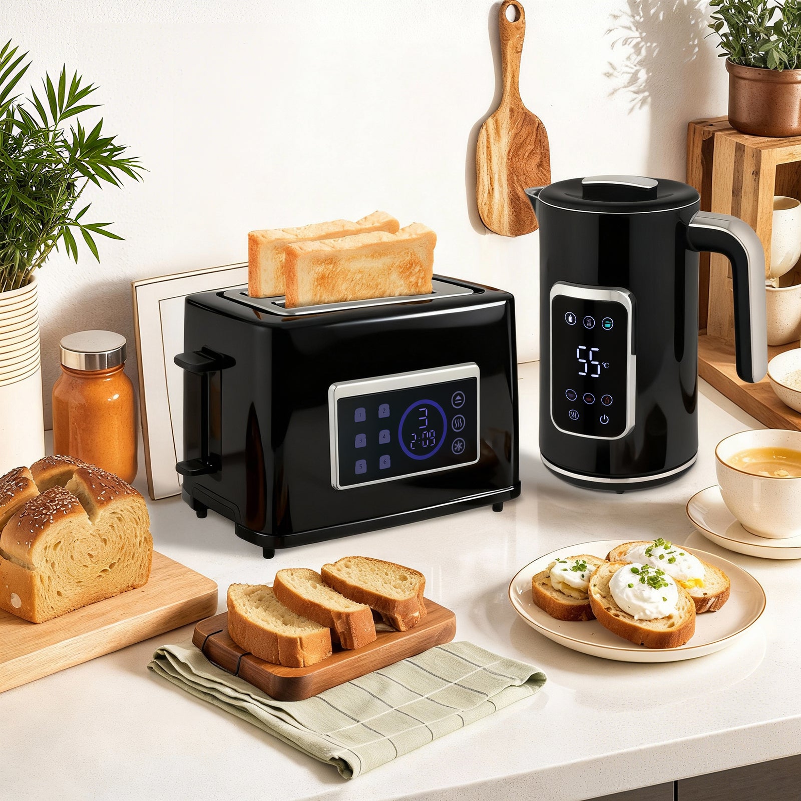 Touch Screen Kettle and Toaster Set - Black