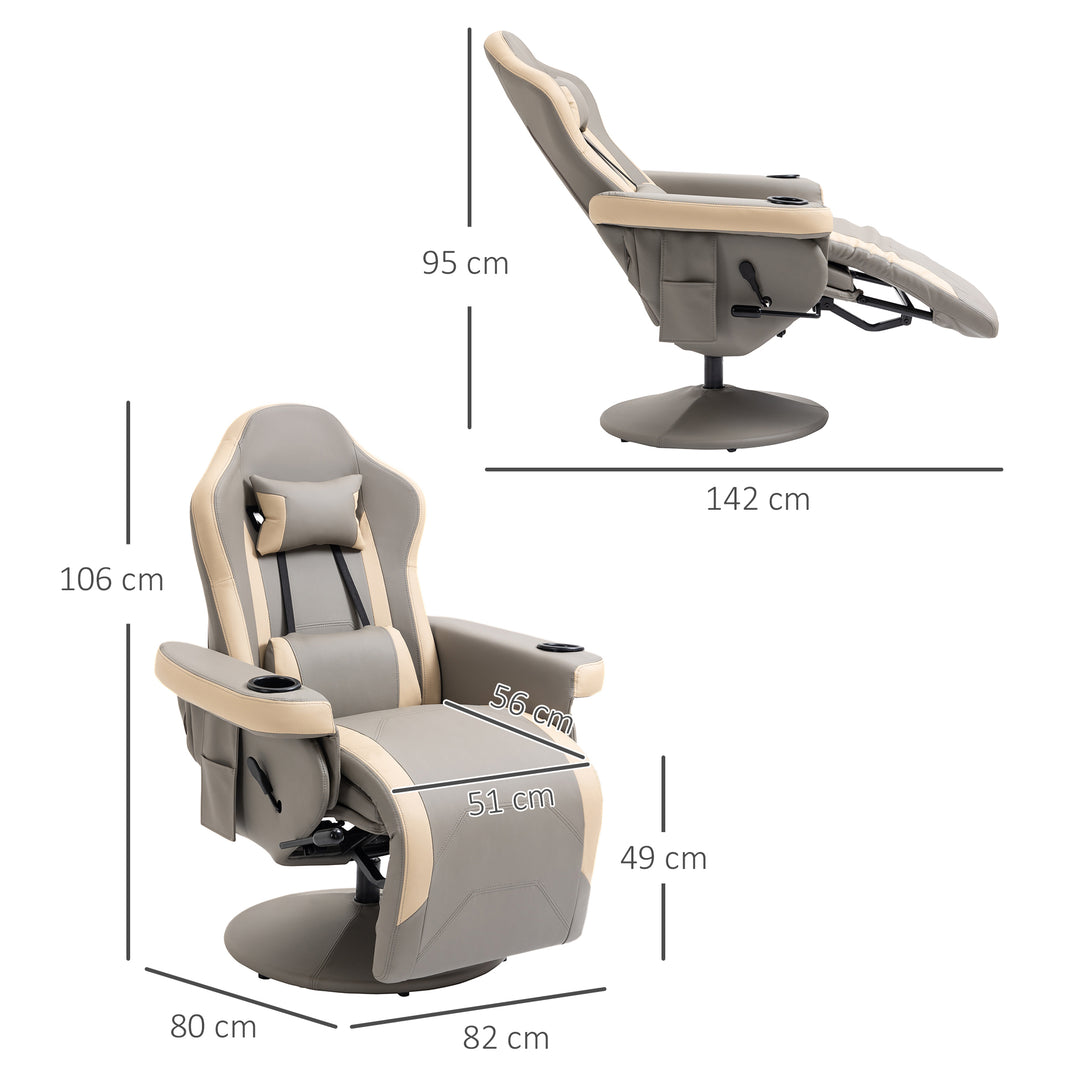Manual Recliner Armchair PU Leather Lounge Chair w/ Adjustable Leg Rest, 135° Reclining Function, 360° Swivel, Grey