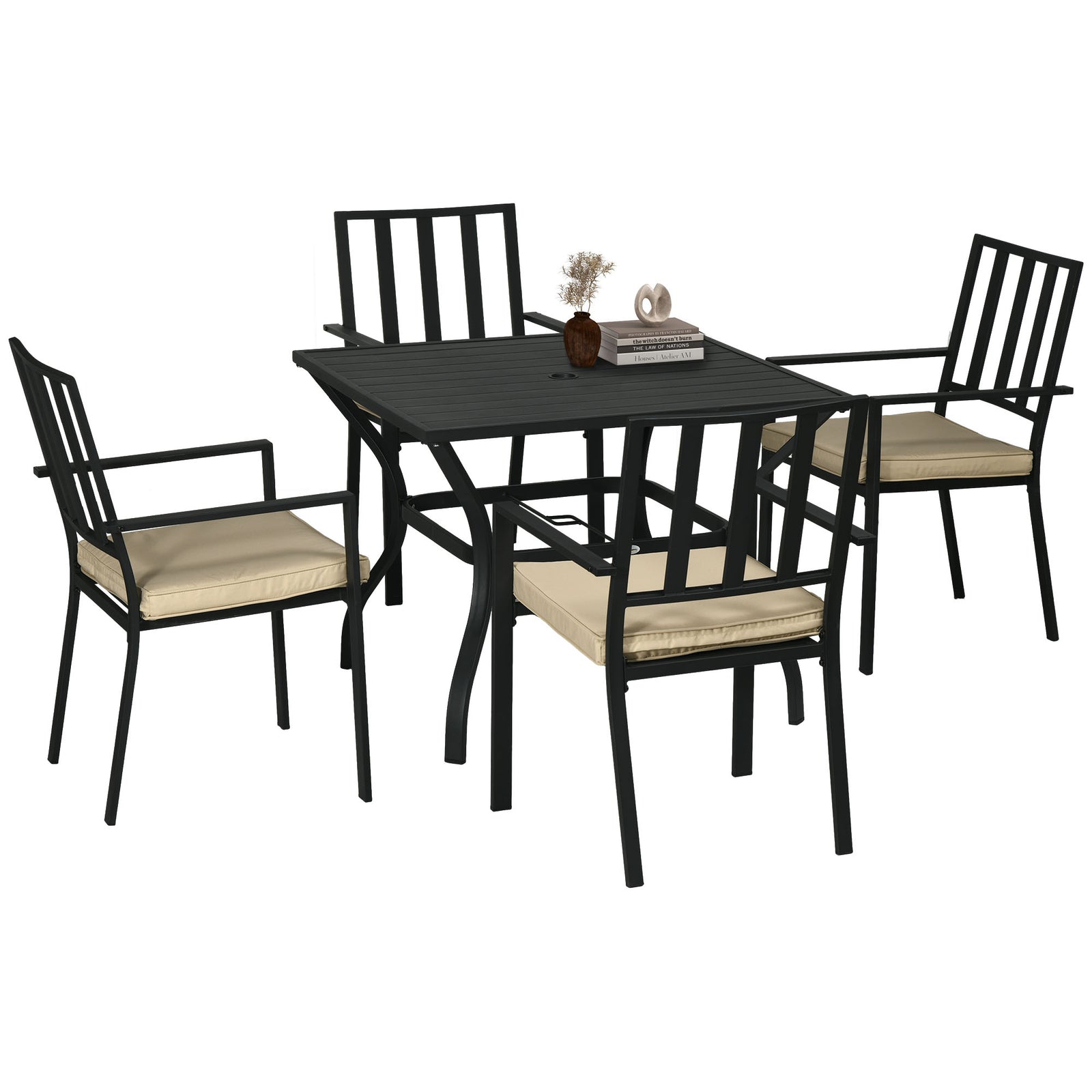 5 Pieces Garden Dining Set with Cushions, Outdoor Patio Table and 4 Stackable Chairs, Metal Top Table with Umbrella Hole, Black