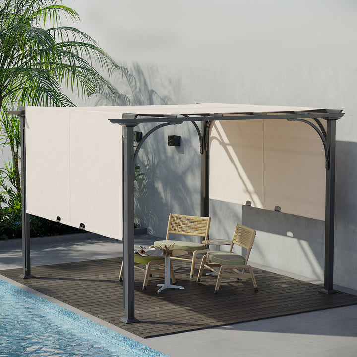 Outsunny 3 x 3(m) Outdoor Retractable Pergola, Garden Pergola Gazebo with Adjustable Canopy, Beige