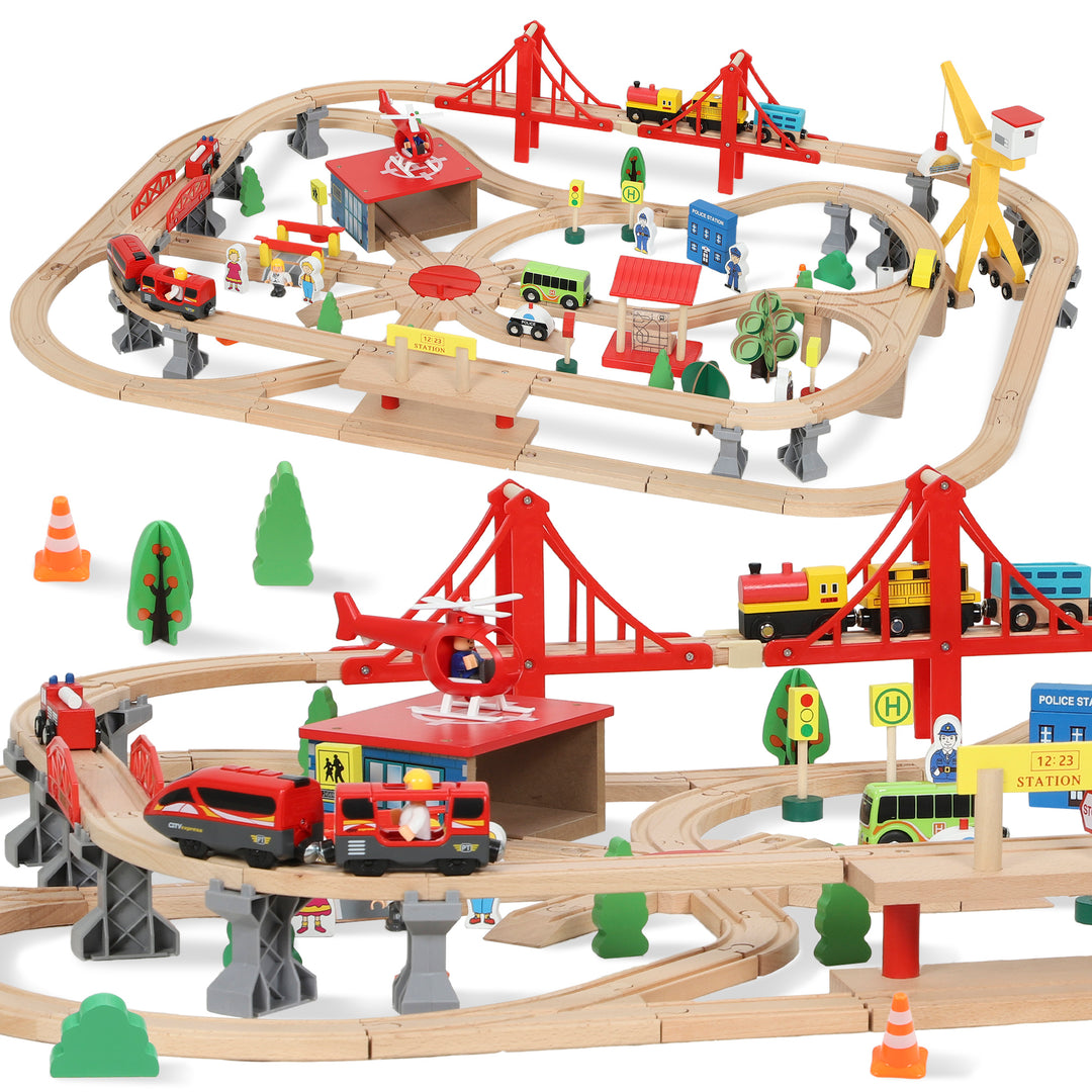 MCL 133-Piece Wooden Train Set, Toy Train with Crane, Storage Box, for Kids Ages 3+