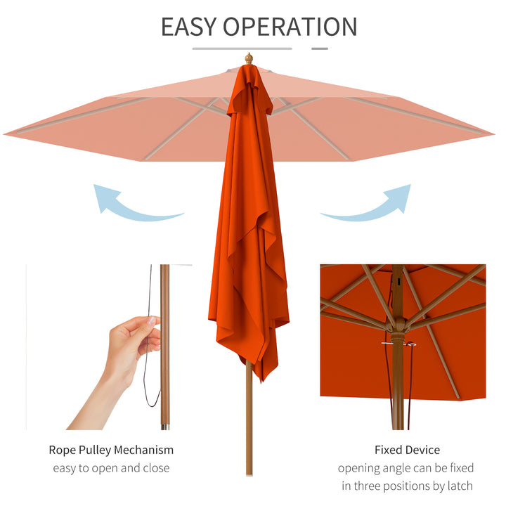 2.5m Wood Garden Parasol Sun Shade Patio Outdoor Wooden Umbrella Canopy, Table Market Umbrella with Vent, 38mm Pole, Rope Pulley Mechanism, Orange