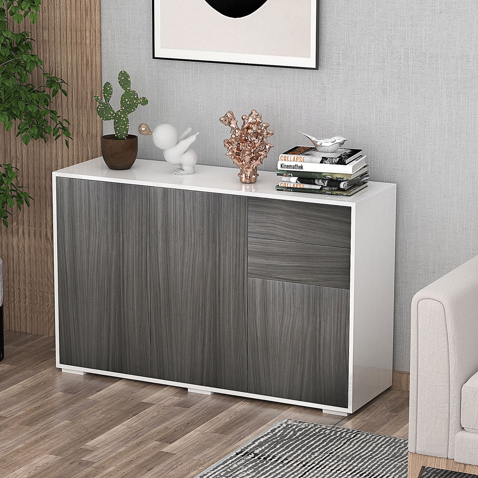 High Gloss Frame Sideboard, Side Cabinet, Push-Open Design with 2 Drawer for Living Room, Bedroom, Light Grey and White
