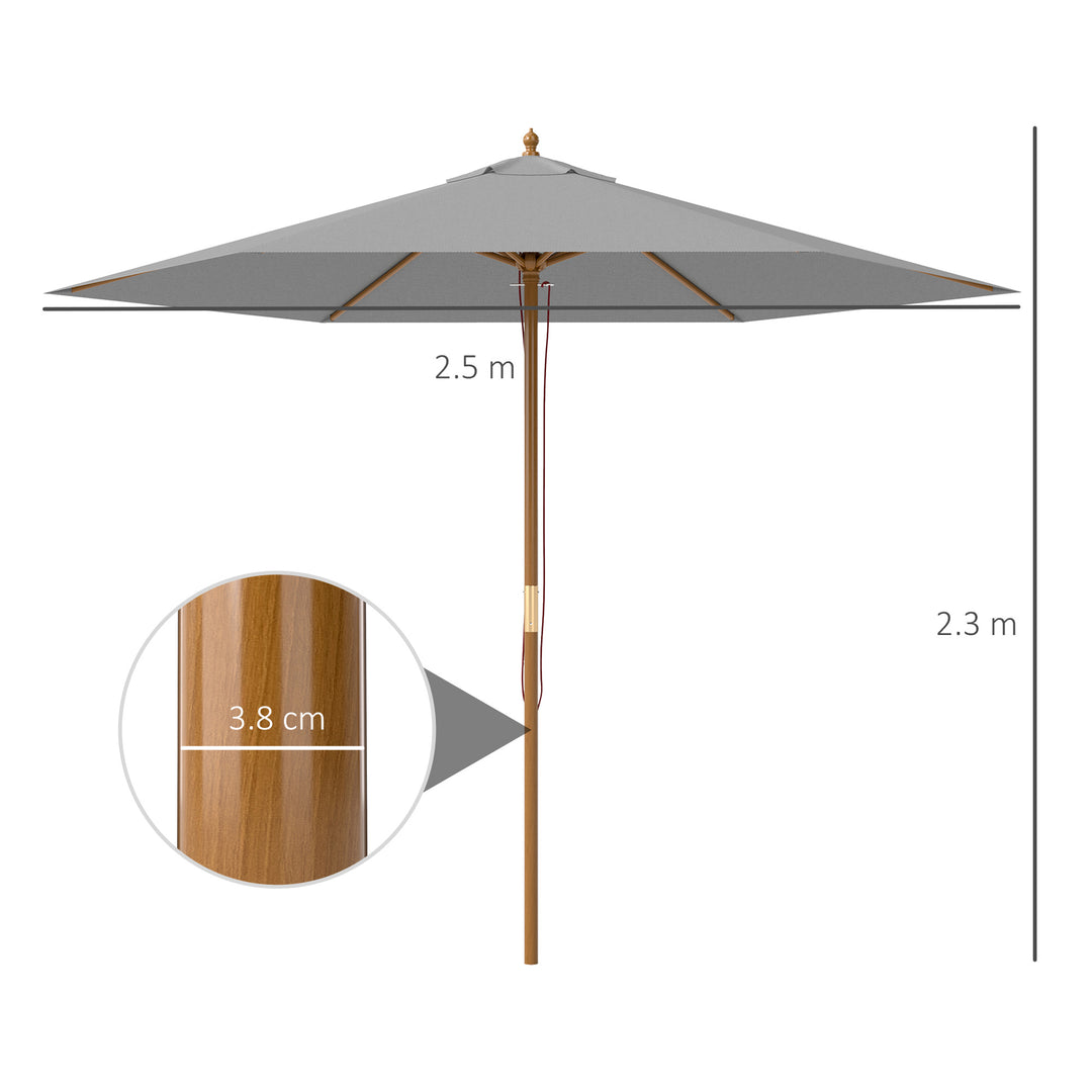2.5m Wood Garden Parasol Sun Shade Patio Outdoor Wooden Umbrella Canopy, Table Market Umbrella with Vent, 38mm Pole, Rope Pulley Mechanism, Light Grey