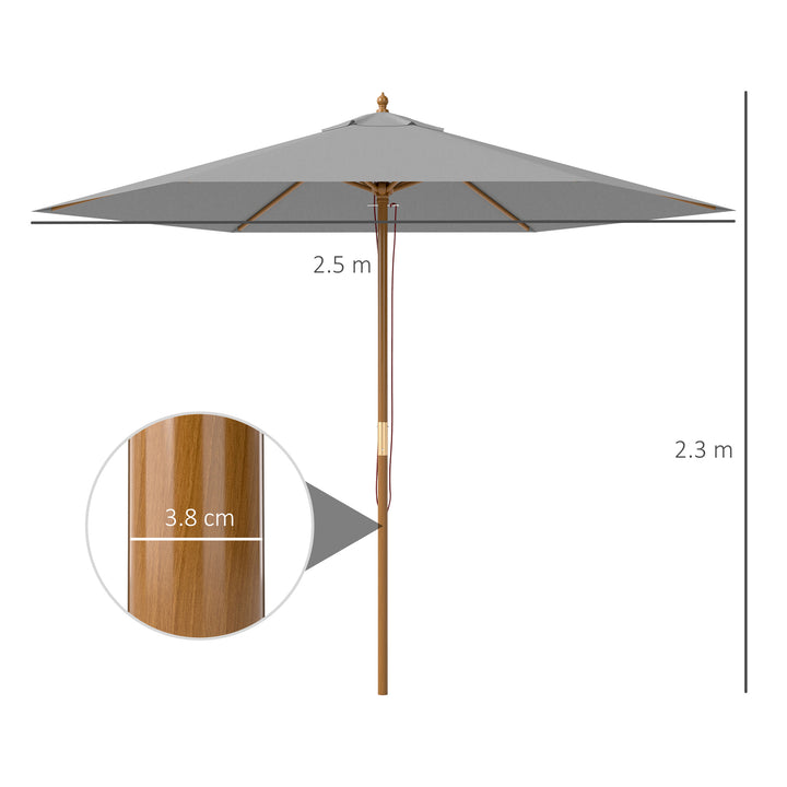 2.5m Wood Garden Parasol Sun Shade Patio Outdoor Wooden Umbrella Canopy, Table Market Umbrella with Vent, 38mm Pole, Rope Pulley Mechanism, Light Grey