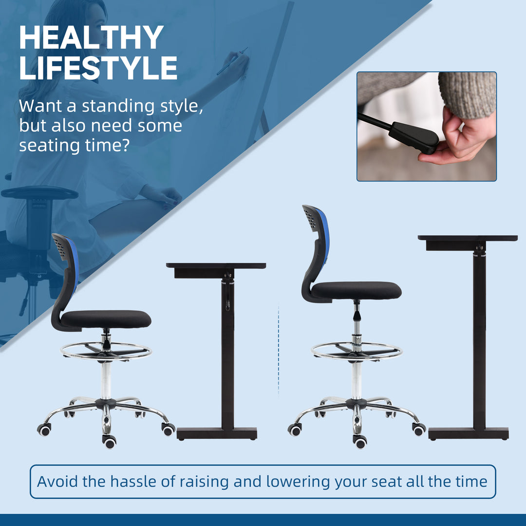 Drafting Chair, Swivel Office Draughtsman Chair, Mesh Standing Desk Chair with Adjustable Foot Ring, Armless, Dark Blue
