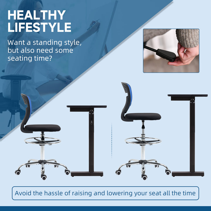 Drafting Chair, Swivel Office Draughtsman Chair, Mesh Standing Desk Chair with Adjustable Foot Ring, Armless, Dark Blue