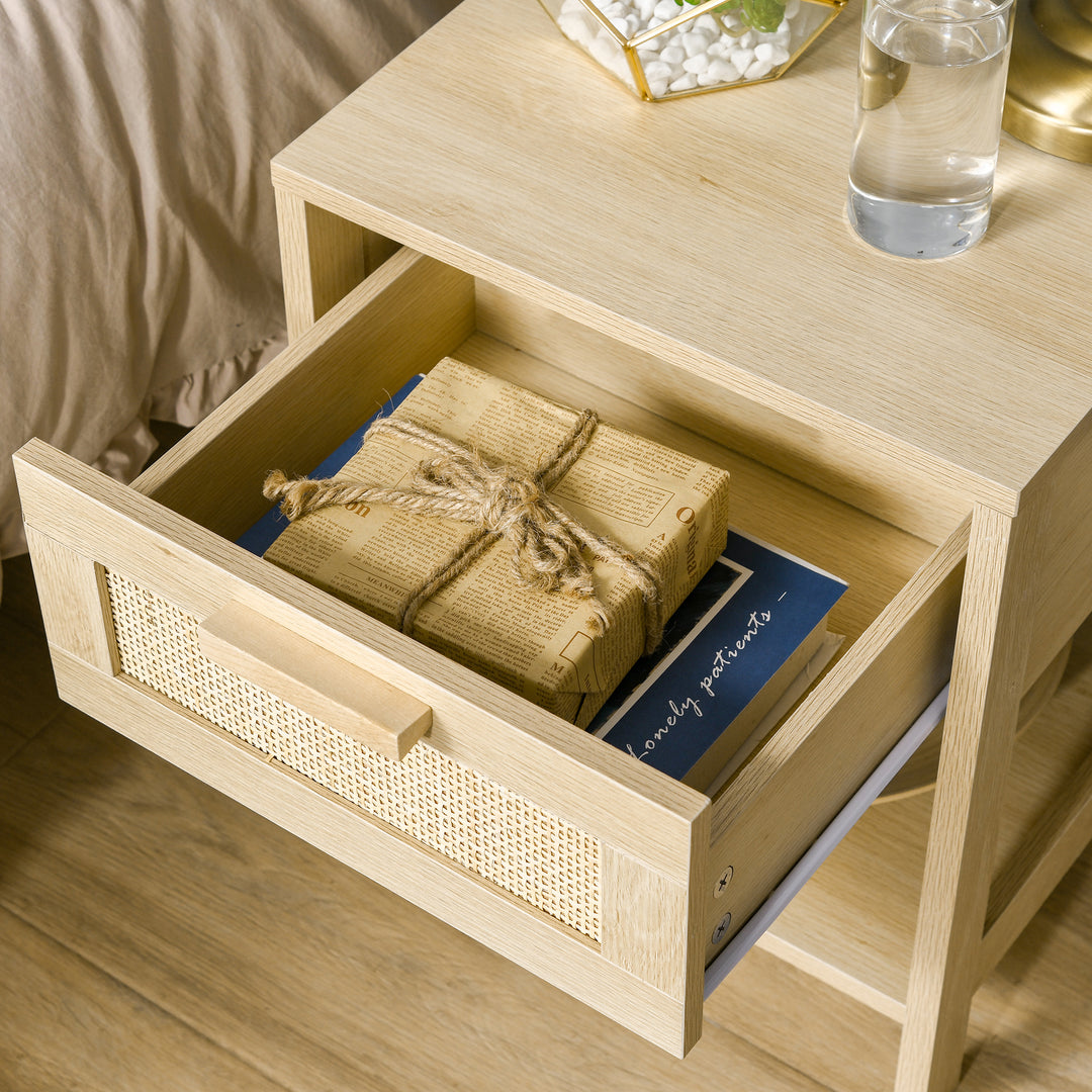 Bedside Table Set of 2 with Rattan Drawer, Rustic Side Tables with Storage Shelf for Bedroom, Living Room, Natural