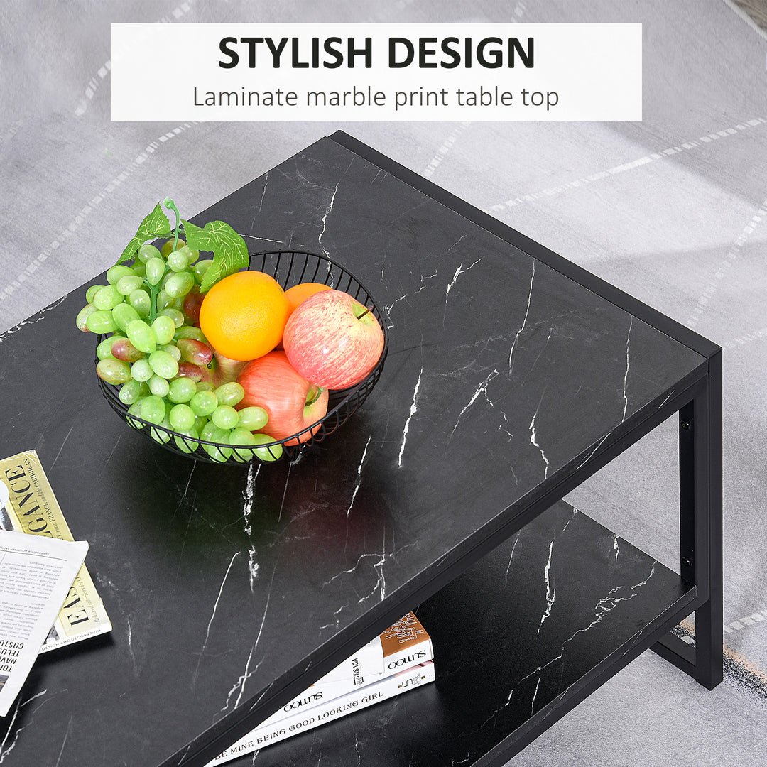 Coffee Table, Two-Tier Marble Centre Table with Metal Frame and Storage Shelf for Living Room, 106 x 50 x 45cm, Black