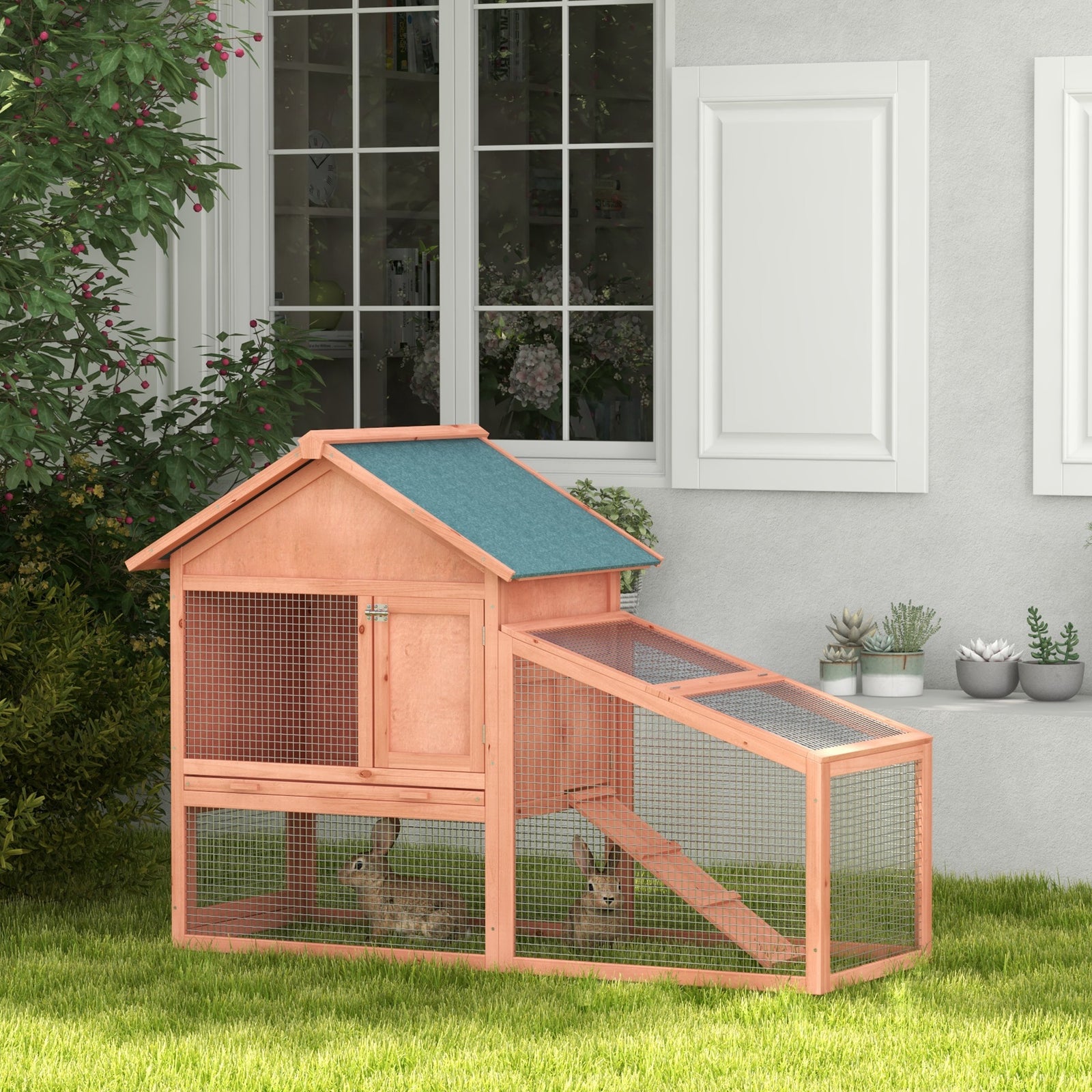 2 Tier Rabbit Hutch Outdoor, Guinea Pig Hutch, Solid Wood Bunny House, Water Resistant Asphalt Roof Ramp Sliding tray 144 x 64.5 x 100 cm