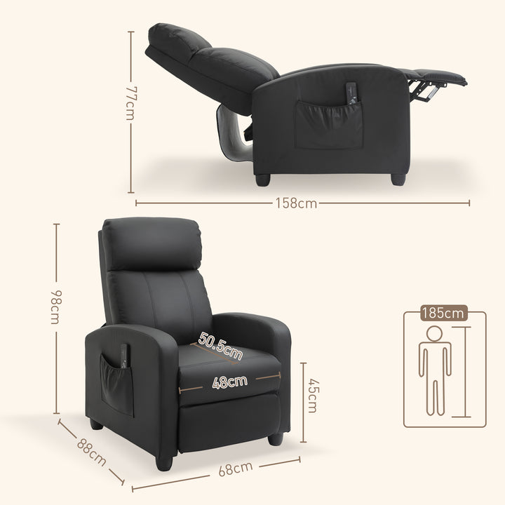 Recliner Armchair, Massage Faux Leather Push Back Reclining Chair with Adjustable Leg Rest, Side Pocket, for Home Living Room Theatre, Black