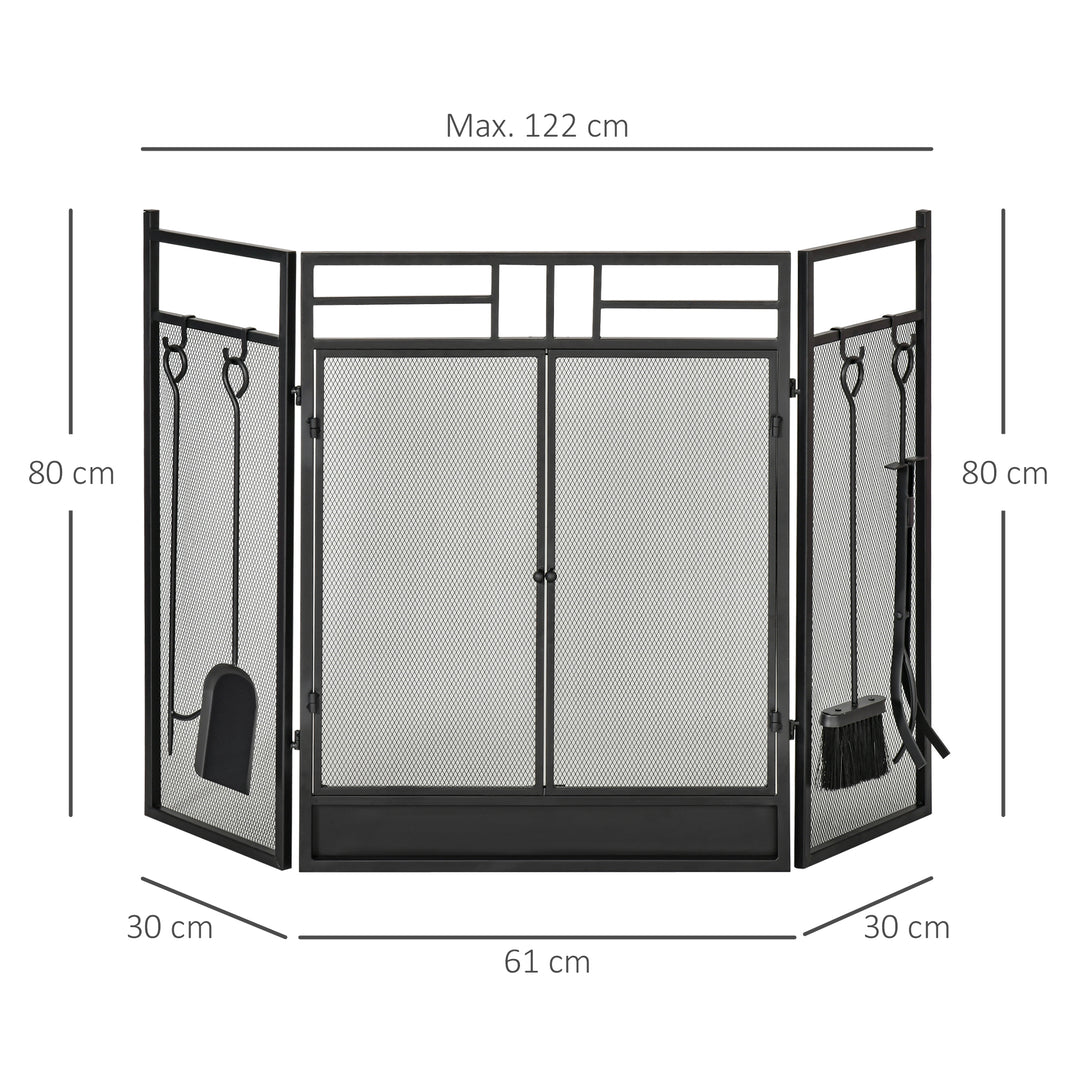 HOMCOM 3 Panel Folding Fire Guard, Steel Fireplace Screen with Double Door and Mesh Design for Open Fire, 122W x 80H cm, Black | Aosom UK