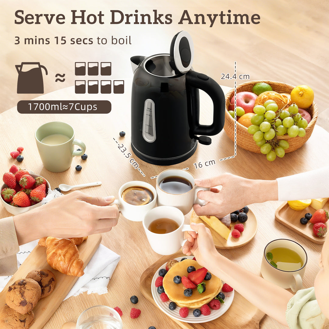 MCL Kettle and Toaster Set, 1.7L 3000W Rapid Boil Jug Kettle with Strix Thermostat, Limescale Filter, 4 Slice Toaster with 7 Browning Controls, Crumb Tray, Black