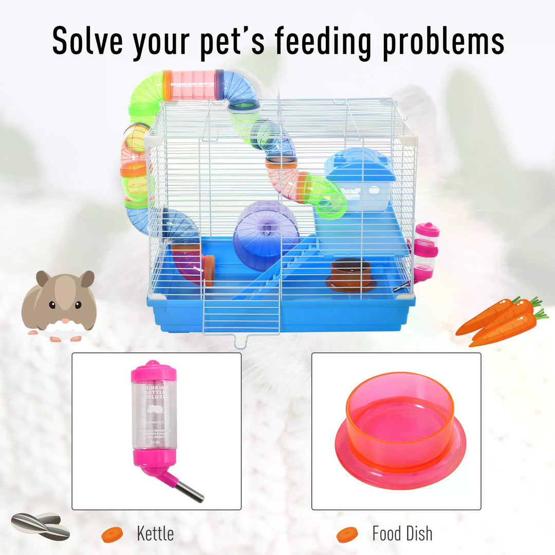 Pawhut 2 Tier Hamster Cage Carrier Habitat Small Animal House with Exercise Wheels Tunnel Tube Water Bottle Dishes for Dwarf Mice, Blue | Aosom UK