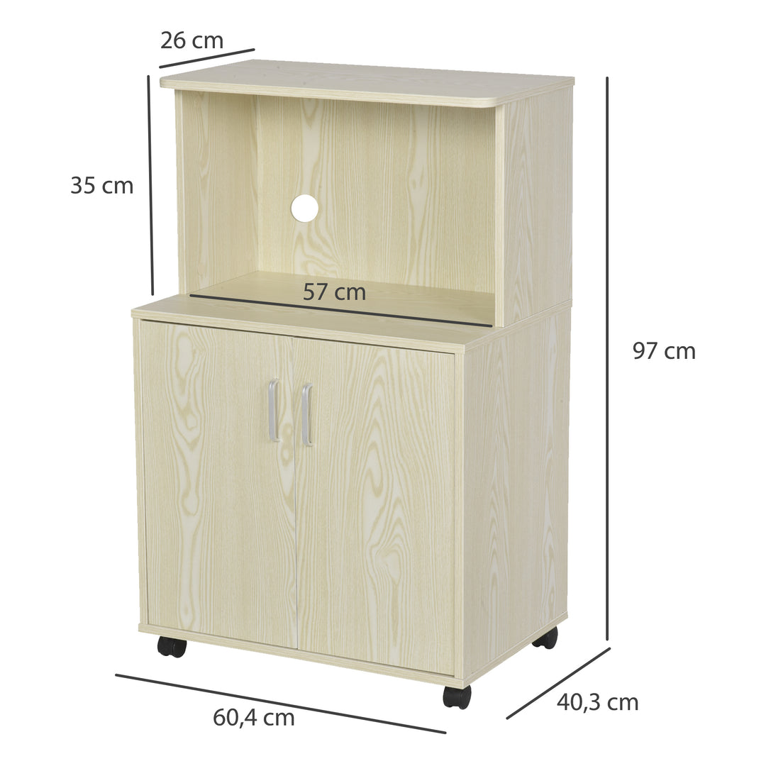 Kitchen Storage Unit, Modern Microwave Stand Trolley Cart, Sideboard with Cabinet, Locking Wheels, Shelf for Living Room, Dining Room, Oak Tone
