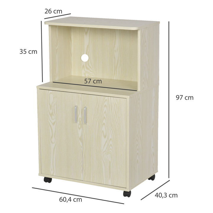 Kitchen Storage Unit, Modern Microwave Stand Trolley Cart, Sideboard with Cabinet, Locking Wheels, Shelf for Living Room, Dining Room, Oak Tone