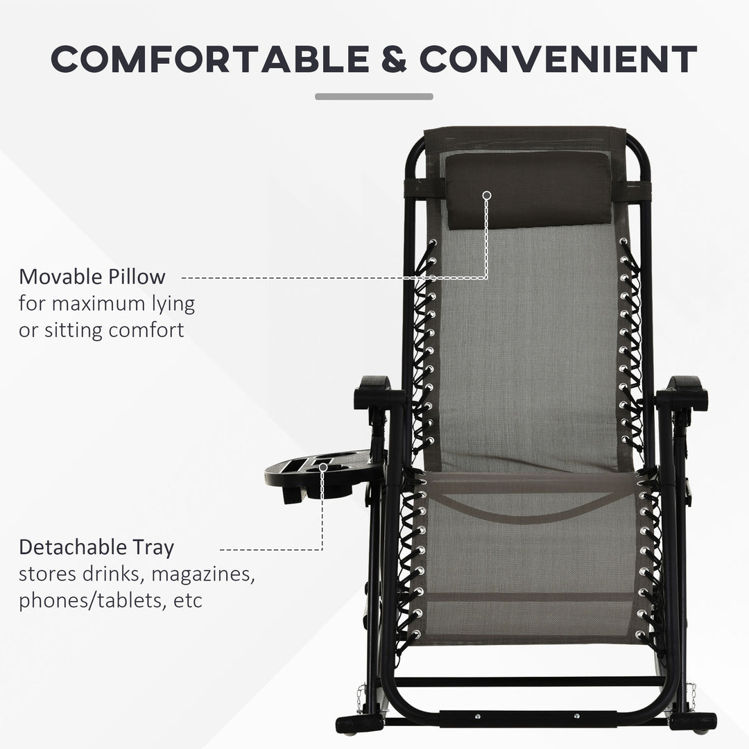 Garden Rocking Chair Folding Recliner Outdoor Adjustable Sun Lounger Rocker Zero-Gravity Seat with Headrest Side Holder Patio Deck - Grey