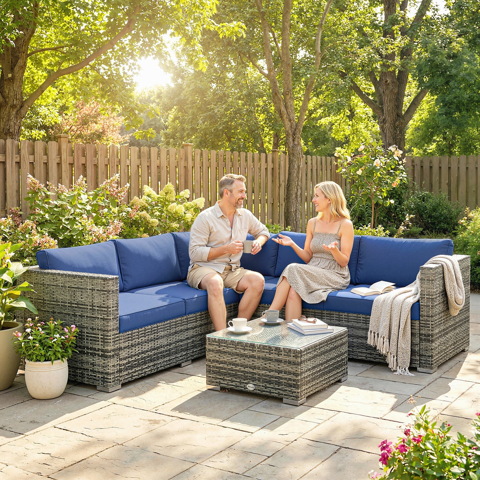 Four-Piece Rattan Sofa Set with 11 Cushions, Steal Frame, Blue