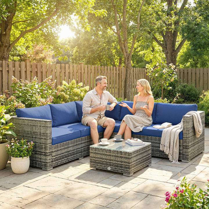 Four-Piece Rattan Sofa Set with 11 Cushions, Steal Frame, Blue